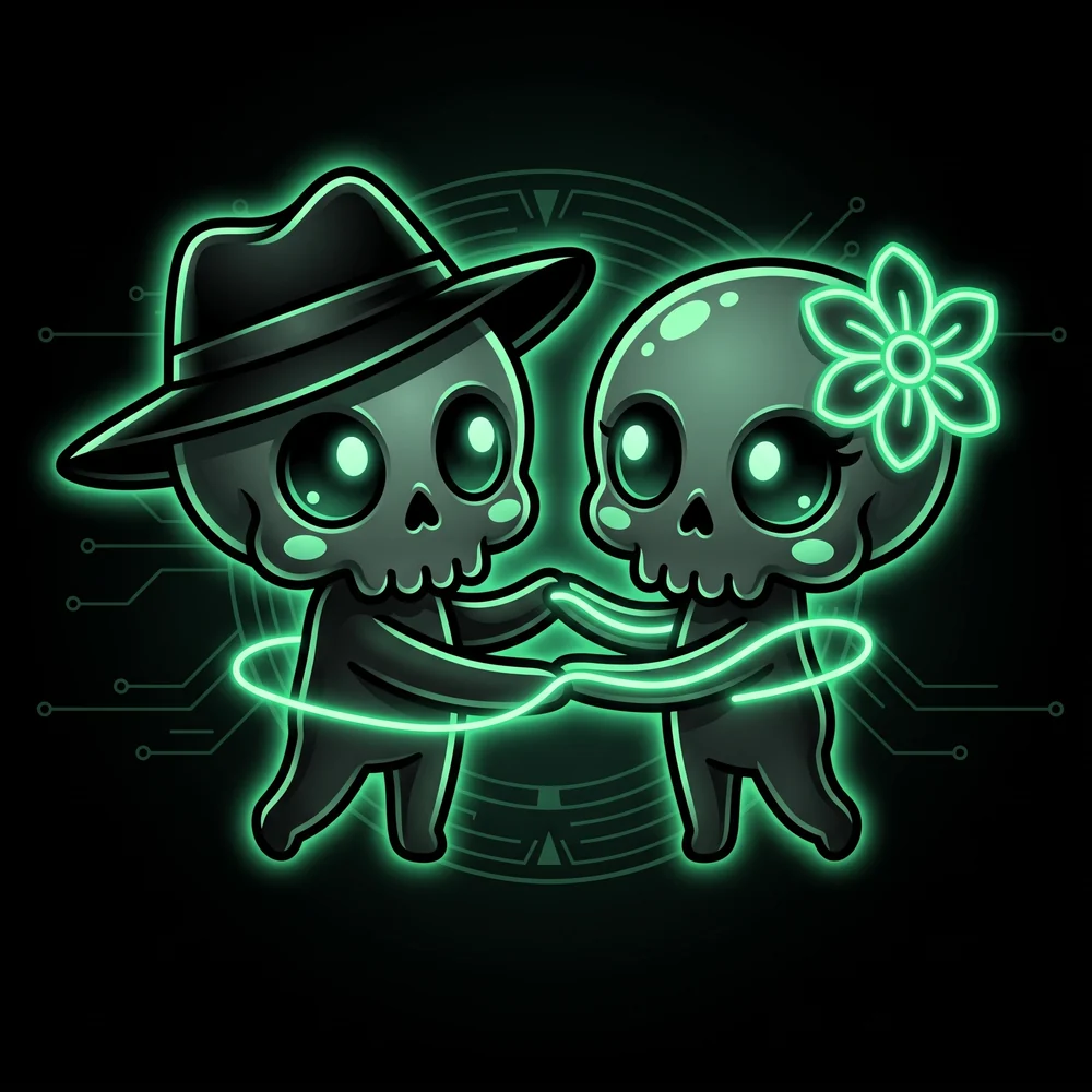 Two skull characters dancing salsa in neon green light