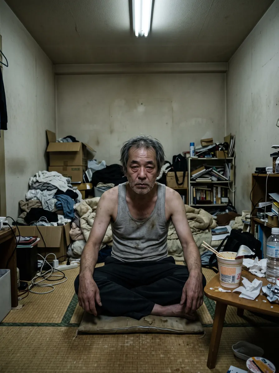 散らかった狭い部屋で、無精ひげに汚れたランニングシャツ姿の中年男性がひとりで座っている